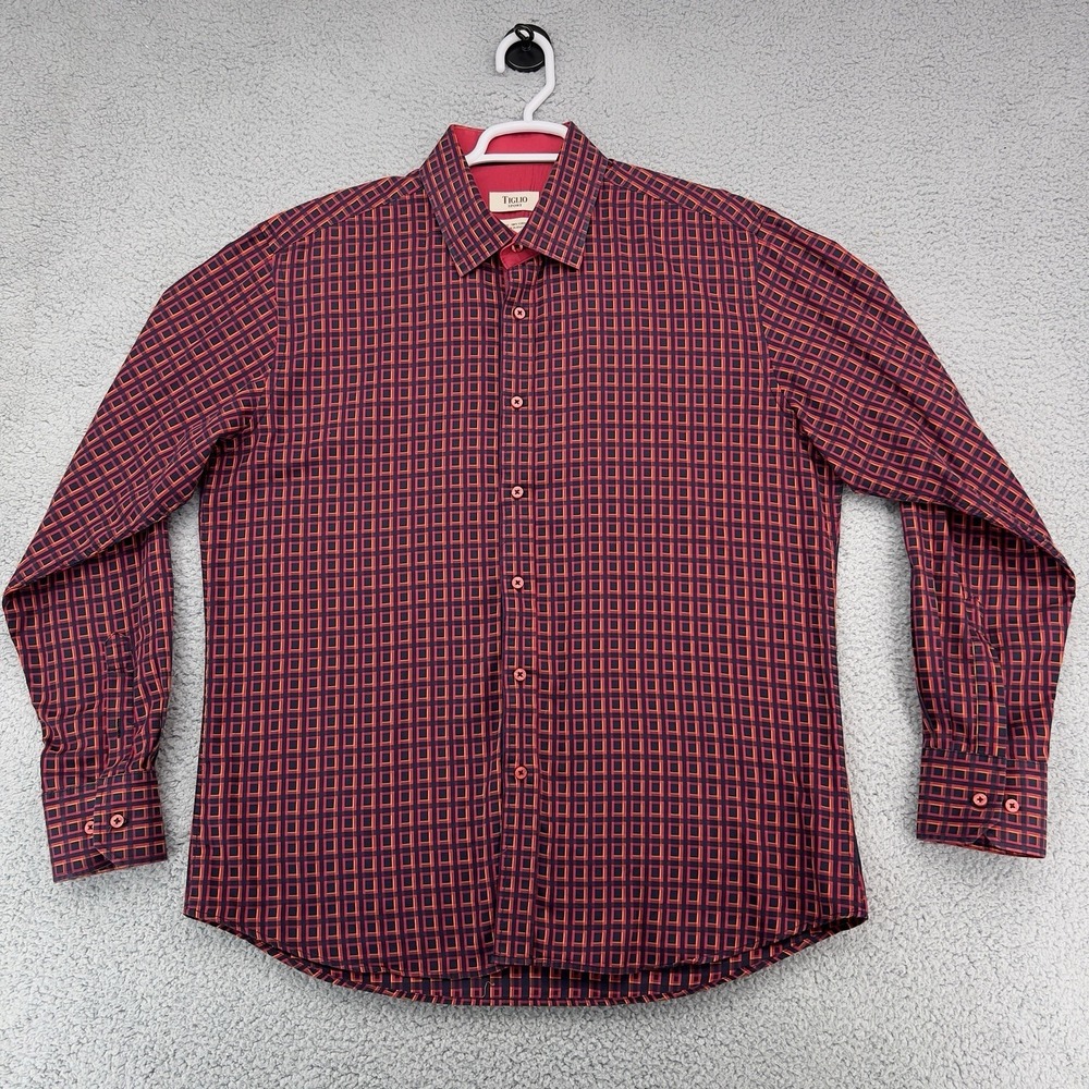 Tiglio Sport Italy Mens XL Button Up Shirt Red Blue Geometric 100% Cotton